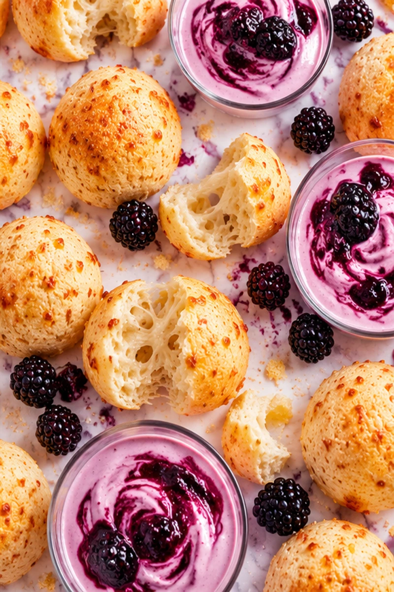 Pan de yuca recién horneado con queso y yogurt artesanal de mora