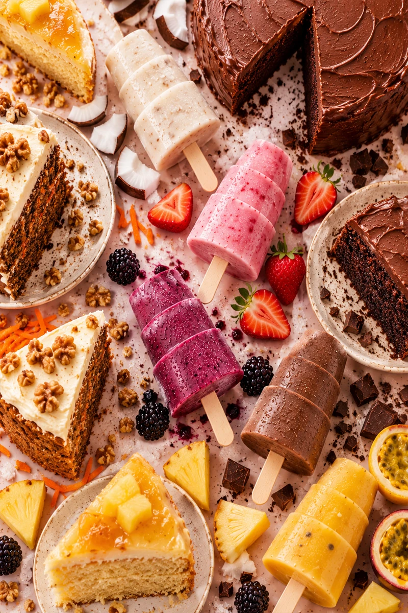 Torta casera mojada de chocolate y surtido de helados de molde tradicionales