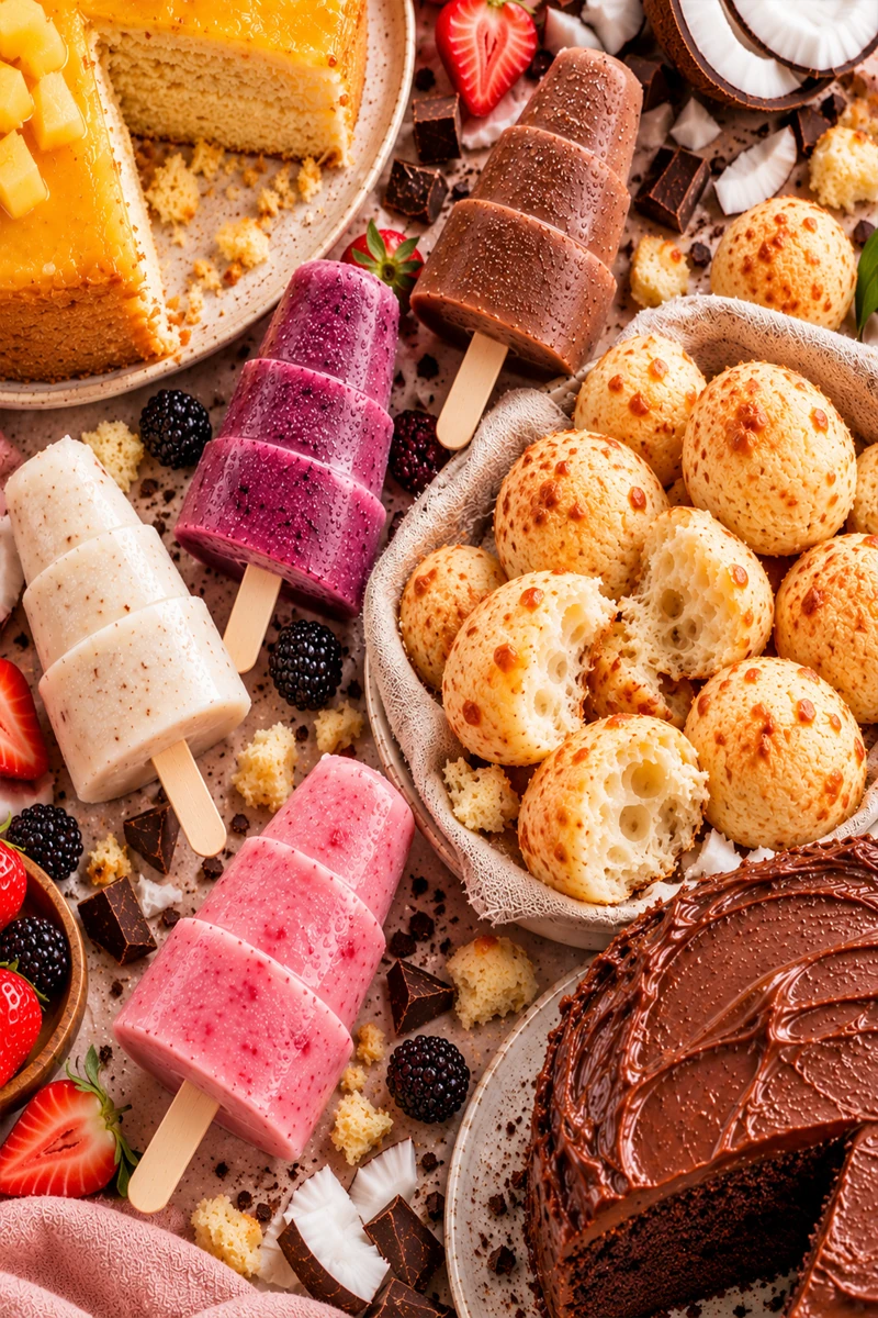 Banquete de fiesta con torta casera grande, helados tradicionales y panes de yuca
